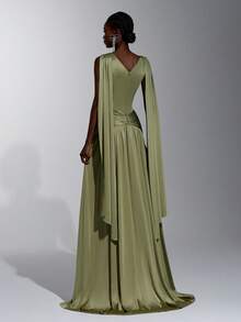 Elitara Elegant Luxurious Beaded Sequin Cowl Neck Back Flutter Sleeve Tassel Elastic Knit Mesh Ruched Bandeau Full Skirt Dress With Strapless Piece For - Army Green - View 3