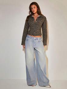 COSMINA Denim 女款牛仔上衣，長袖秋冬豹紋圖案，休閒電音節/搖滾風街頭穿搭日常外穿襯衫領灰色 - 彩色 - 查看 4