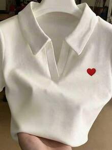 Franclia 女士刺绣领修身短袖T恤 - 白色 - 查看 6