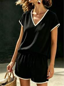Franclia Women's Contrast Color Seashell Edge Short Sleeve Top And Shorts 2 Pieces Set Vacation Black And White Checkered Summer Casual - Black and White - View 1