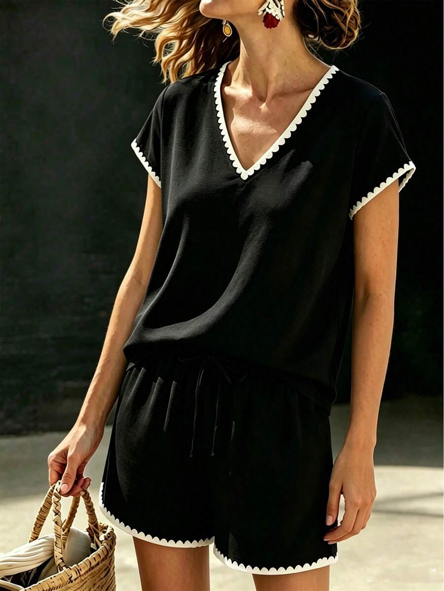 Franclia Women's Contrast Color Seashell Edge Short Sleeve Top And Shorts 2 Pieces Set Vacation Black And White Checkered Summer Casual - Black and White - View 1