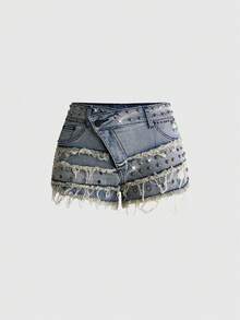 ROMWE Grunge Punk 女款 Y2K 復古亞文化做舊鉚釘串珠破洞緊身貼身牛仔短褲 - 淺藍色 - 查看 1