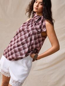 Nubod Plus Size Halter Tie Bow Plaid Sleeveless Shirt Evening Vacation Burgundy Summer Elegant - Brown - View 5