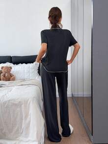 Napfluff Women's Casual Pocket Letter Print Lapel Short Sleeve Pajama Set - Black - View 2