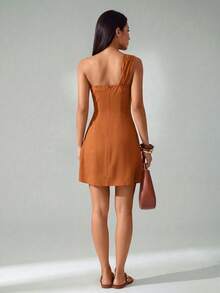 SHEIN PETITE 2026 Frühling/Sommer Neues Musikfestival, Ostern, St. Patrick's Day, Valentinstag, Date, Western, Nomaden, Geburtstagsparty, Abschluss, College, Student, Alltagskleidung, All-Match vielseitig, Lässig, Urlaub, Kreuzfahrt, Strand, Sonnenbaden, Viral, Streetwear, Hochzeitsgast Boho, Pendeln, Brunch, Flughafen, Party, Feiertagsausflug, Bürokleidung, Leinen Braun Wickel Bindung Taille Mini Kleid, Sommerkleider für Frauen - Rotbraun - Übersicht 2
