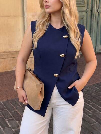 Dripcurv Chaleco de traje azul marino de verano para mujer talla grande, blusa social para mujer, top para salir