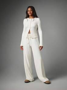 MISSGUIDED Ribbed Knit Co-Ord Set Long Sleeve Button-Up Cardigan Top And Wide Leg Drawstring Casual Pants Two-Piece Outfit - Apricot - View 3