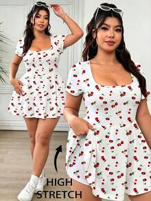 Solflare Women's Plus Size Cherry Pattern Square Neck Casual Jumpsuit - Multicolor - View 1