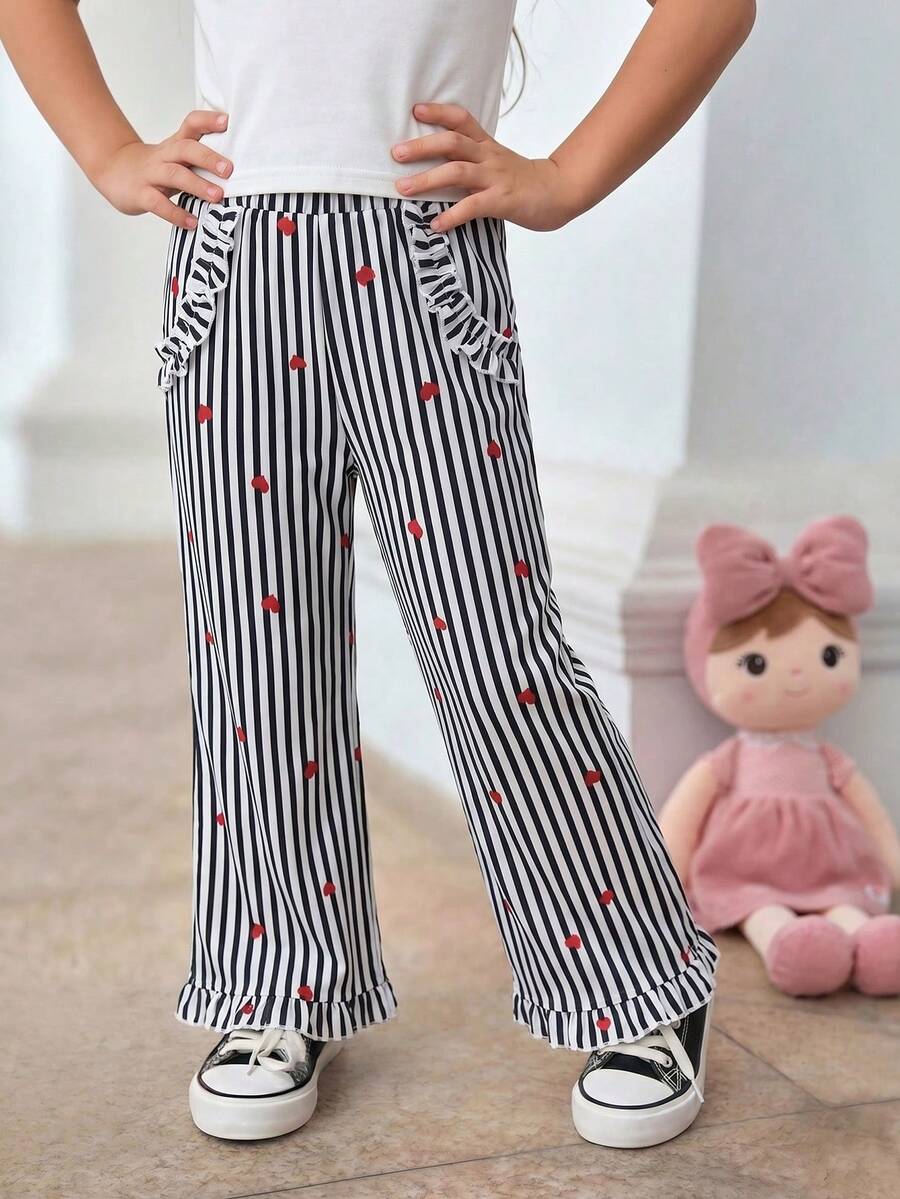 SHEIN Young Girl' Casual Cute Countryside Style Ruffle Faux Pocket Cherry Print Pants, Suitable For Daily, Outdoor, Vacation - Black and White - View 1