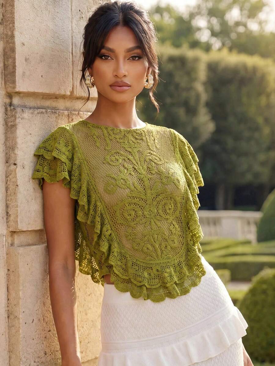 Anewsta Women's Elastic Ruffled Hem Cropped Top, Vacation Style, Spring/Summer - Green - View 1