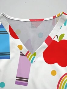 PopScrub 女款全印花V領休閒日常刷手服短袖上衣 - 彩色 - 查看 5