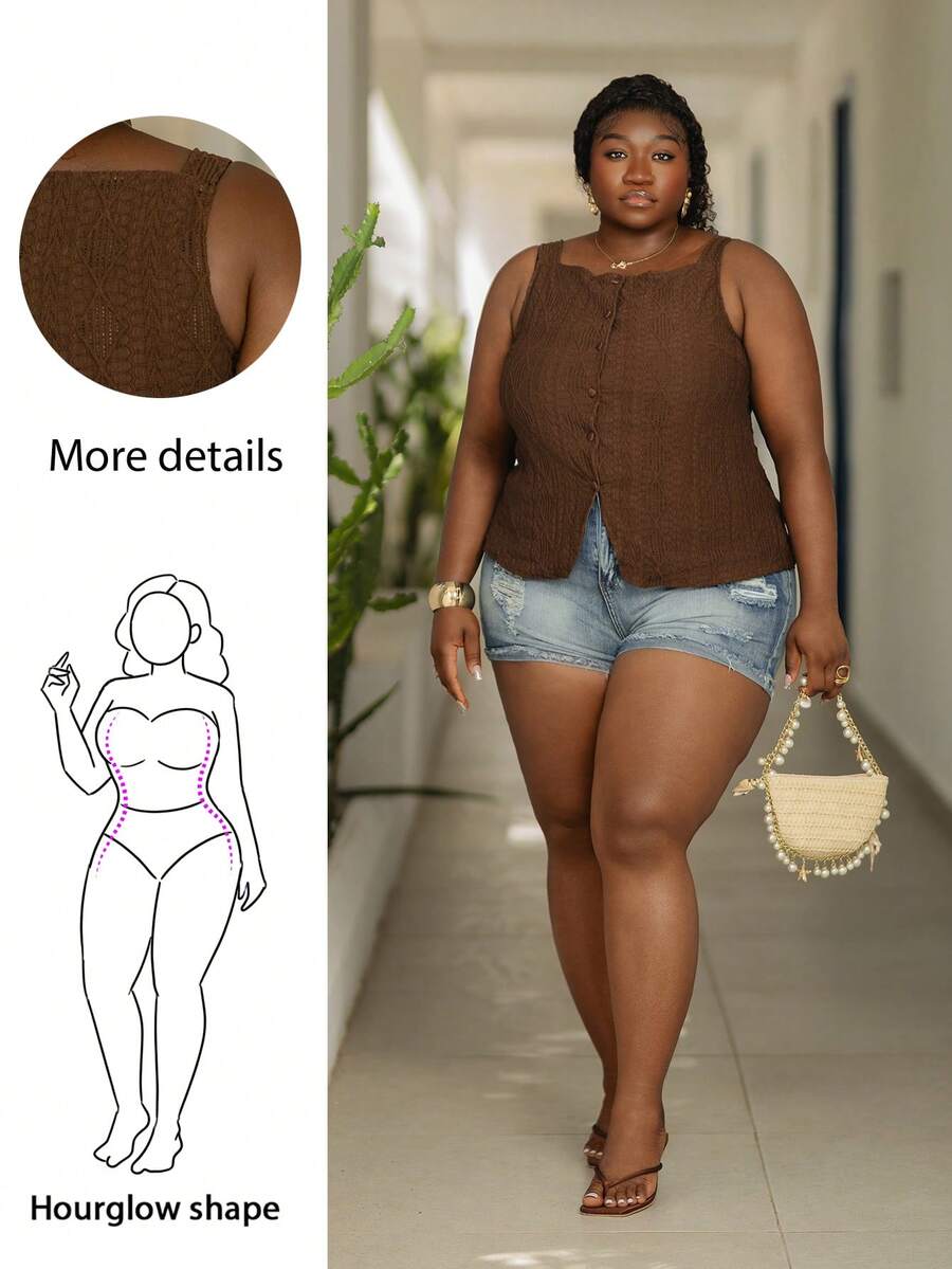 CurvyTilda 大尺碼休閒無袖紋理布料前開襟背心上衣,女款夏季棕色外出上衣 - 棕色 - 查看 1