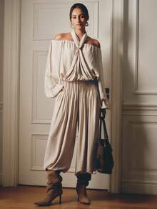 Anewsta Essential Anewsta Spring/Summer New Textured Waist Pleated Lantern Pants, Draped Cuffed Wide Leg Casual Slimming Versatile Loose Fit - Apricot - View 5