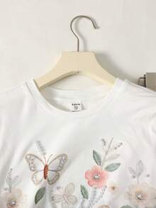 SHEIN 兒童青少年女孩優雅復古可愛針織小女孩印花蝴蝶串珠T恤與碎花長裙兩件套，適合度假、休閒、節日、午餐、音樂節、街頭穿搭，蝴蝶結荷葉邊下擺T恤 - 粉色 - 查看 5