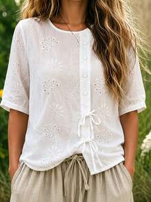 SHEIN Holidaya Women's Hollow Embroidered Tie Decor Blouse White Floral Summer Bohemian Cottagecore Boho Vacation - White - View 6