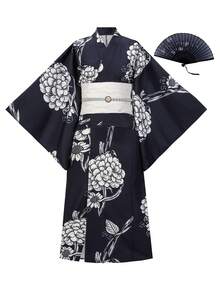 Irokai 日式傳統夏季女款兩件式浴衣和服，花卉印花，海軍藍，度假文化風（不含腰帶） - 藏蓝色 - 查看 3