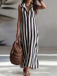 Balvessa Casual Striped Retro Sleeveless Open Front Shirt Dress, Suitable For Leisure And Work, Fashion For Women - Black and White - View 4
