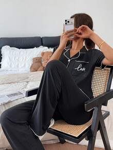 Napfluff Women's Casual Pocket Letter Print Lapel Short Sleeve Pajama Set - Black - View 3