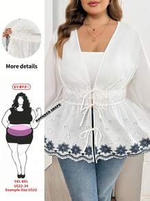 SHEIN CURVE+ 大尺碼休閒波希米亞風優雅浪漫刺繡拼接V領收腰喇叭長裙 2026秋季 22W 白色花卉晚宴度假正式長裙 - 白色 - 查看 9