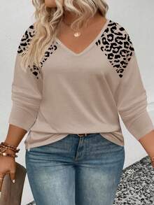 SHEIN LUNE Women's Autumn/Winter New Hot-Selling Leopard Print Round Fan Casual Versatile Plus Size T-Shirt Fall - Khaki - View 5