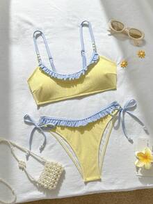 Swim Mod Girls Striped Tank Top Swimsuit Top And V-Shaped Bikini Bottom 2 Pieces Set - Yellow - View 6