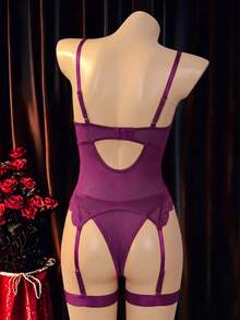 SHEIN 3件組蕾絲飾邊性感內衣文胸套裝 - 玫紅色 - 查看 8