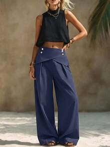 SHEIN Women's Casual Commute Solid Color Wide Leg Long Pants - Blue - View 5