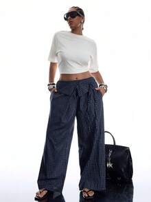 LYSMO Plus Size Fashionable Boho Plaid Wide-Leg Pants For Commuting Beach Vacation Navy Blue Autumn - Navy Blue - View 5