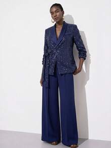 Aveloria Modichic Blazer Kain Tweed Berpayet dengan Desain Ikat Pinggang dan Celana Panjang Lebar Warna Polos, Gaya Vintage Prancis Elegan, Serbaguna untuk Pesta dan Perjalanan Sehari-hari - Navy Blue - View 1