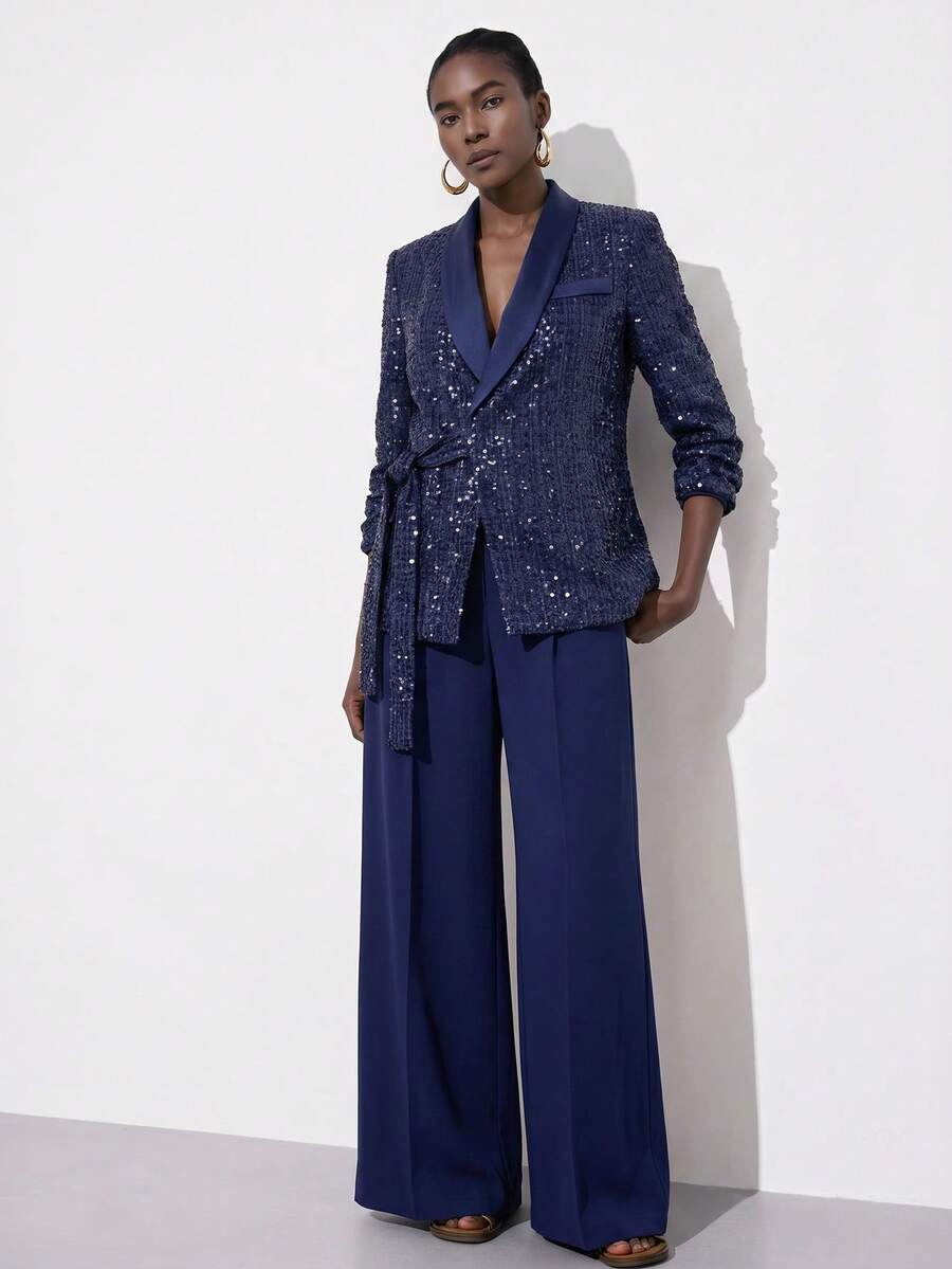 Aveloria Modichic Blazer Kain Tweed Berpayet dengan Desain Ikat Pinggang dan Celana Panjang Lebar Warna Polos, Gaya Vintage Prancis Elegan, Serbaguna untuk Pesta dan Perjalanan Sehari-hari - Navy Blue - View 1
