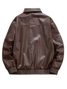 Manfinity Homme Loose Men's Flap Pocket Zipper Front PU Leather Jacket - Coffee Brown - View 2