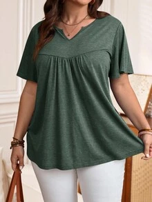 Rosumi Plus Size Summer Casual Solid Color Notched Neck T-Shirt - Green - View 10