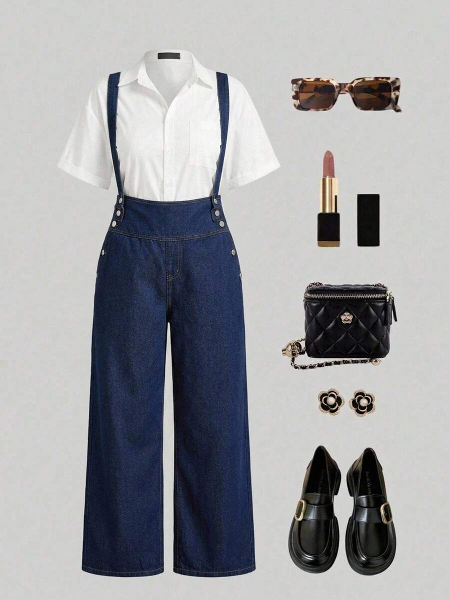 SHEIN MOD Jumpsuit Denim Longgar dengan Saku dan Kancing Serbaguna untuk Ukuran Plus
