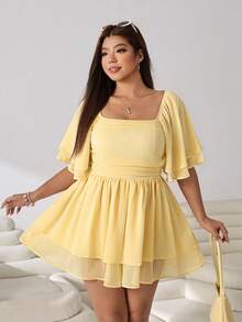 Solflare Plus Size Solid Color Shirred One-Piece Short Romper Dress For Vacation - Yellow - View 3