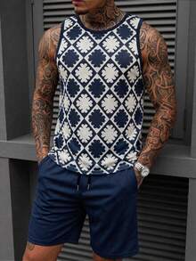 Manfinity Homme Conjunto de camiseta de tirantes y pantalones cortos con estampado geométrico integral casual y fresco para hombre, estilo de verano, vacaciones - Multicolor - Ver 2