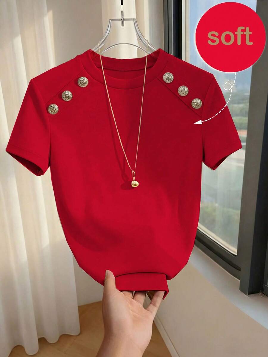 SHEIN Franclia 女士纯色杏色圆领纽扣装饰短袖修身T恤,适合日常休闲百搭穿着,夏季 - 紅色 - 查看 1