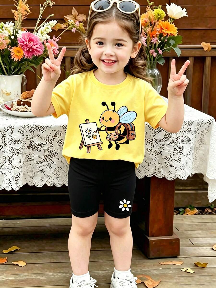 女嬰 2件組休閒時尚百搭春夏嬰幼兒T恤套裝,可愛甜美檸檬黃上衣配卡通小蜜蜂與花卉圖案,滿版多巴胺彩色花卉印花,鬆軟寬鬆圓領短袖T恤與單車褲 - 彩色 - 查看 1