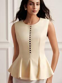 BELROSIE Top elegante francés para mujer de noche de cita, diseño de lujo de alta gama, amarillo pálido, cuello redondo, exquisita decoración de perlas pesadas, cintura ceñida y acampanado - Albaricoque - Ver 4