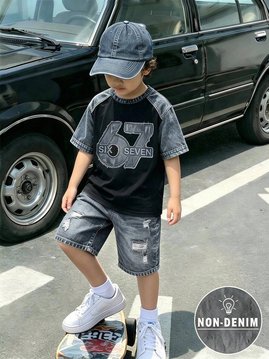 小男孩時尚圓領短袖T恤與短褲套裝,2件套,仿牛仔67圖案設計,度假風,適合假期派對與聚會,春夏秋季,舒適休閒,小男孩夏季首選,時尚休閒穿搭,春夏秋街頭風,戶外休閒 - 彩色 - 查看 1