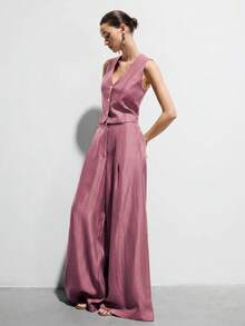 Aveloria Modichic Dusty Pink Color Scheme Silky Satin-Like Sleeveless Fitted Vest With High-Waist Wide-Leg Pants Suit 2 Pieces Set, Metal Decor Buckle, Smart Casual - Purple - View 5