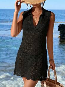 Swim Vcay Swim Chiccia 女款優雅輕盈性感黑色鉤編無袖洋裝，夏季休閒度假海灘罩衫，翻領 V 領鏤空設計 - 黑色 - 查看 4