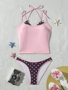 Bellisia Spring/Summer Sun Beach Swimwear 2 Pieces Set Polka Dot All-Over Print Spaghetti Strap Wide Strap Backless Tank Top Bikini Bottom Swimwear For Women - Multicolor - View 7