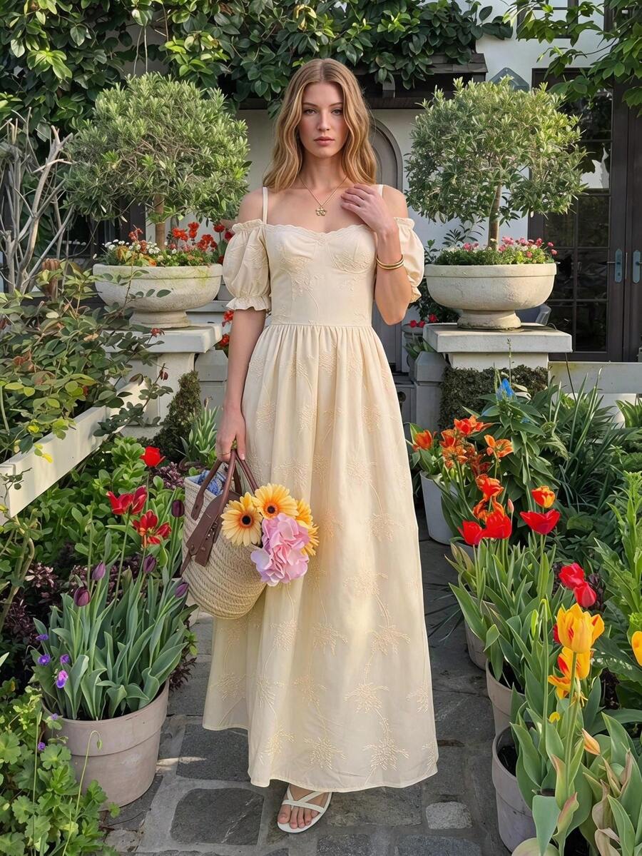 Enchnt 女款貼花百褶休閒派對長洋裝 - 杏色 - 查看 1