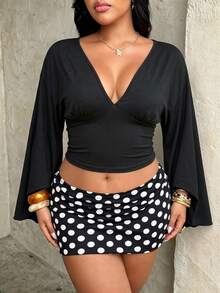 Rustia Plus Size Women's Casual Cinched Waist Top, Wide Cuff V-Neck Top, Fashionable Comfortable Early Autumn Spring Fall - Black - View 5