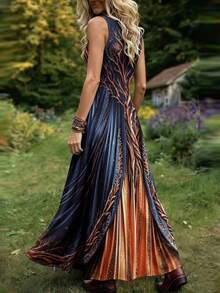Linhara CURVE Plus Size Women's Vintage Tree Of Life Print Notched Neck Sleeveless Maxi Dress, Loose Casual Bohemian Long Dress, Mysterious Navy Blue To Burnt Orange Gradient Dress, Elegant Gothic Style Flowy Long Dress For Autumn And Halloween - Multicolor - View 2