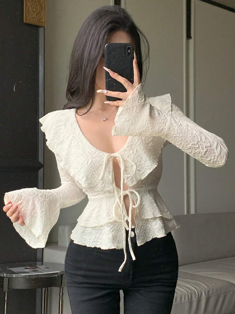 DAZY 女款白色休閒開襟襯衫，喇叭袖與荷葉邊飾，優雅蕾絲襯衫，適合夏季與秋季，婚禮與宴會長袖 - 白色 - 查看 1