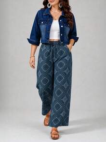 EMERY ROSE Summer Casual Dark Blue Printed Denim Straight Leg Pants Plus Size Women Non Stretch Daily Wear - Medium Wash - View 2