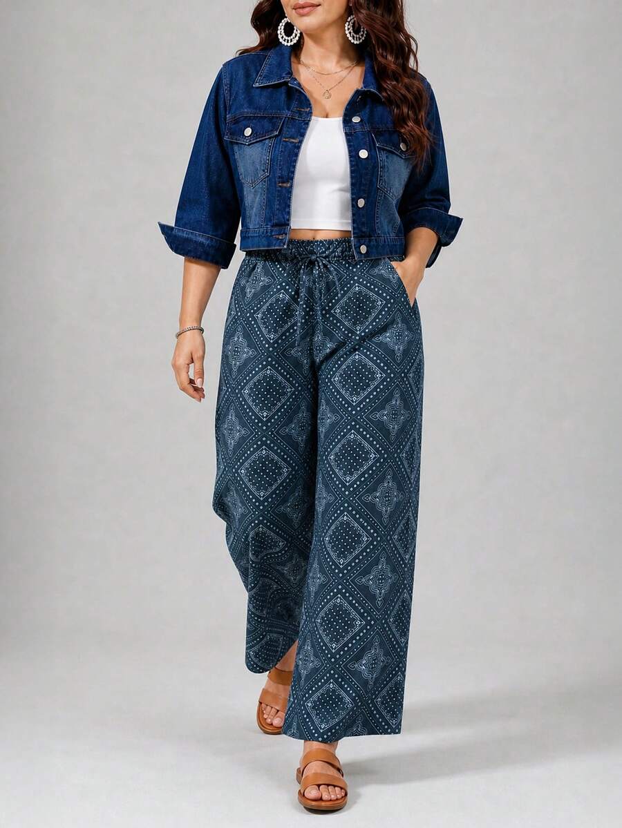 EMERY ROSE Summer Casual Dark Blue Printed Denim Straight Leg Pants Plus Size Women Non Stretch Daily Wear