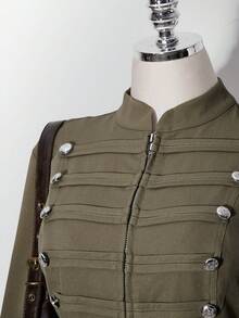 SHEIN ICON 女款大尺碼街頭時尚長袖拉鍊雙排扣夾克 - 軍綠色 - 查看 7