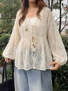 FRIFUL Women's Vacation Embroidered Tassel Front Tie Long Sleeve Fashion Blouse - Apricot - View 5